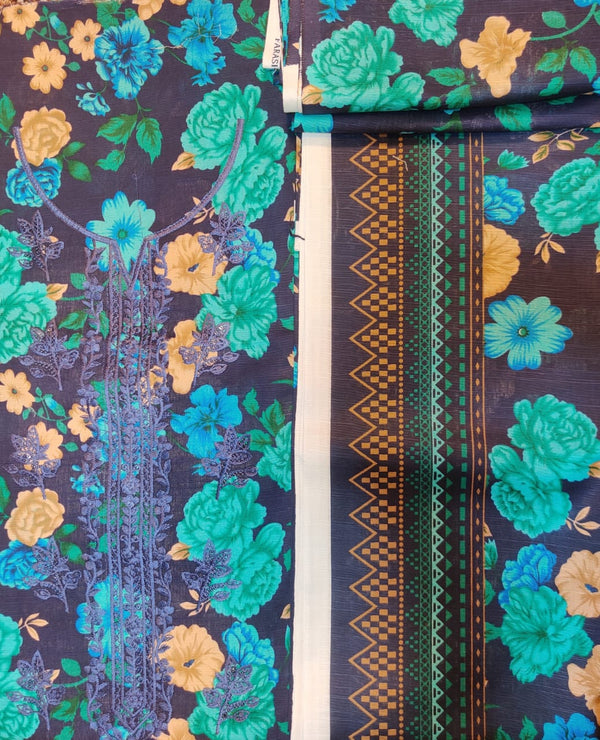 Navy Blue & Turquoise Floral Embroidered Lawn Suit – 3 Piece Unstitched | Summer Collection