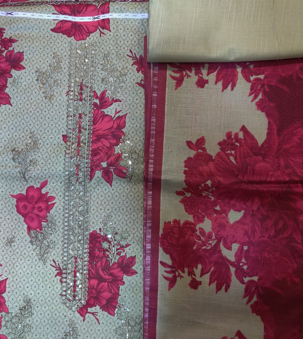 Beige & Deep Red Embroidered Khaddar Suit – 3 Piece Unstitched | Winter Collection