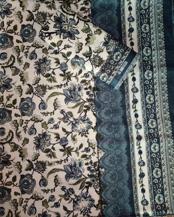 Beige & Blue Floral Printed Lawn Suit – 3 Piece Unstitched | Elegant Daily Wear