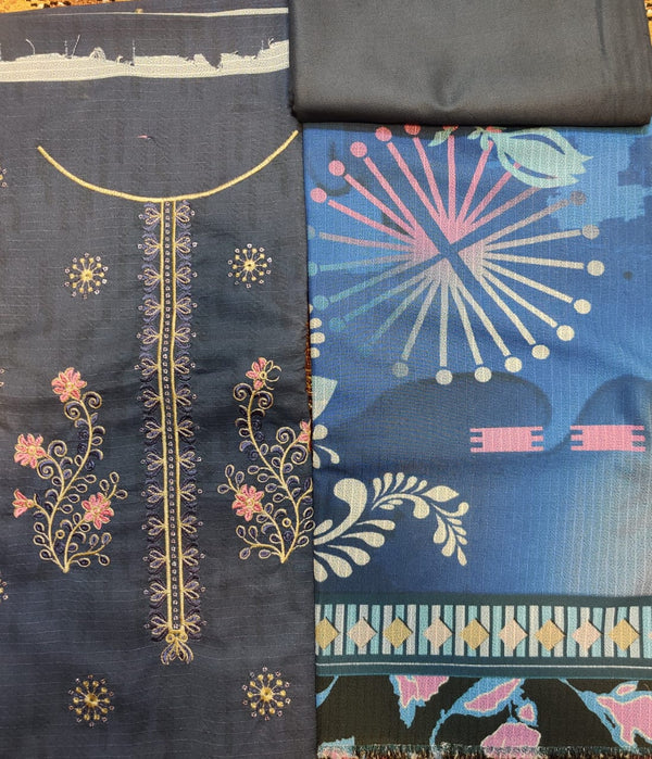 Navy Blue Embroidered Khaddar Suit with Printed Shawl – 3 Piece Unstitched | Winter Collection