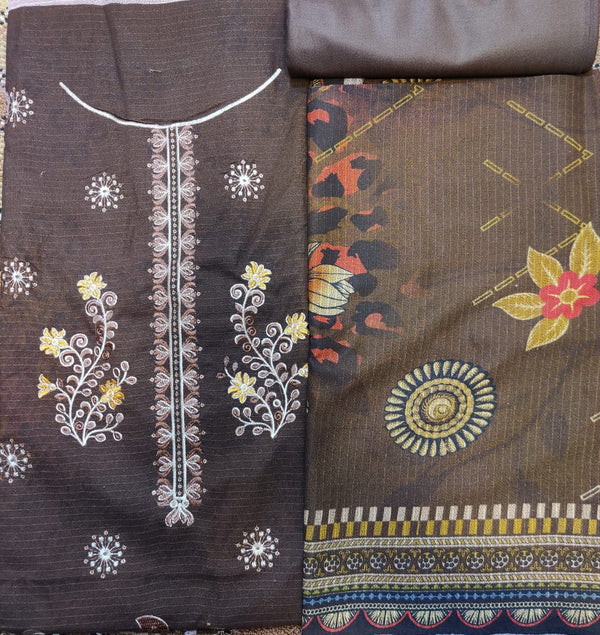 Dark Brown Embroidered Khaddar Suit – 3 Piece Unstitched | Winter Collection