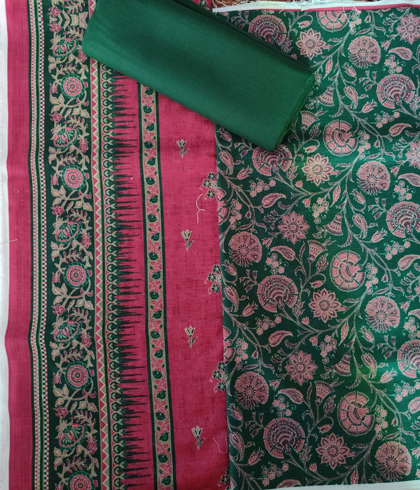 Bottle Green & Pink Ethnic Printed Cotton Suit – 3 Piece Unstitched