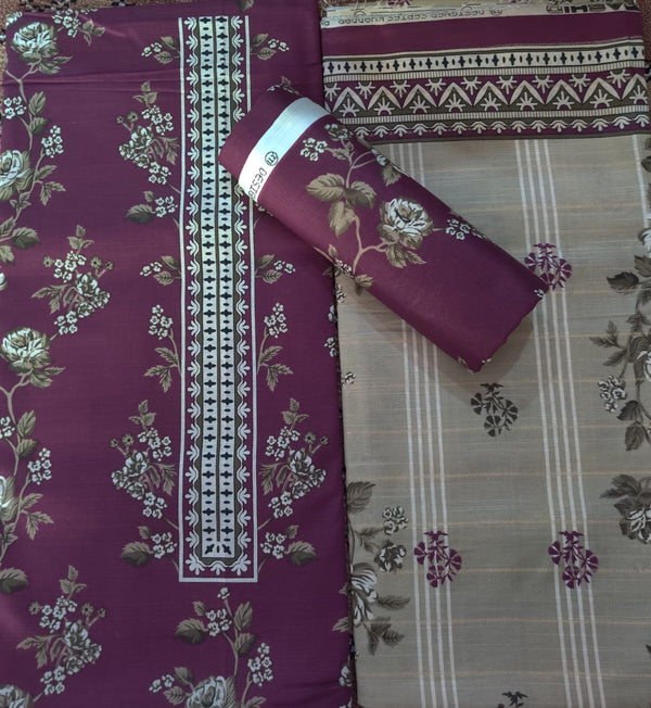 Plum & Beige Floral Printed Lawn Suit – 3 Piece Unstitched