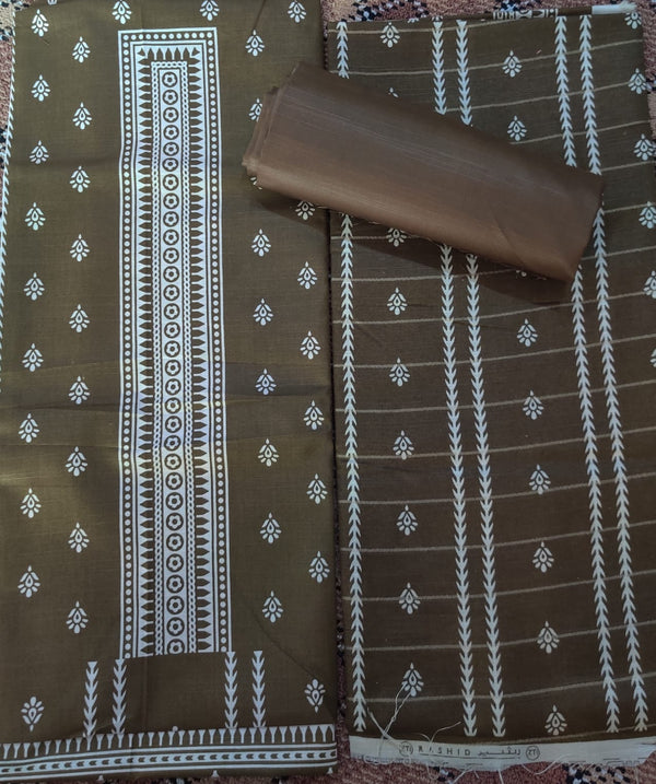 Olive Brown & White Block Printed Cotton Suit – 3 Piece Unstitched