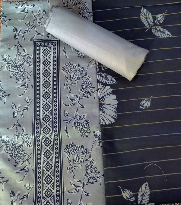 Grey & Navy Blue Floral Printed Lawn Suit – 3 Piece Unstitched