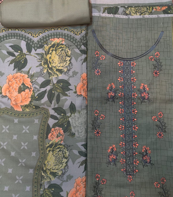 Sage Green Floral & Embroidered Lawn Suit – 3 Piece Unstitched | Summer Grace