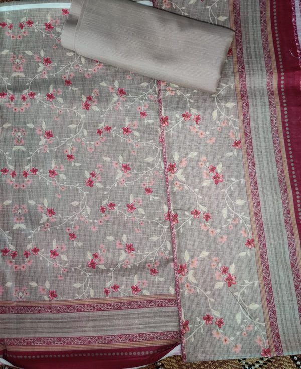 Soft Beige Floral Printed Lawn Suit – Unstitched