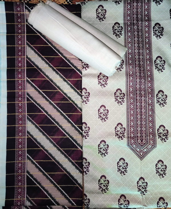 Classic Cream & Maroon Printed Lawn Suit – 3 Piece Unstitched