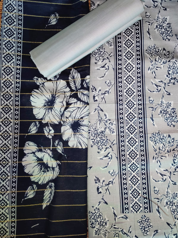 Navy & Off-White Floral Printed Lawn Suit – 3 Piece Unstitched | Summer Collection